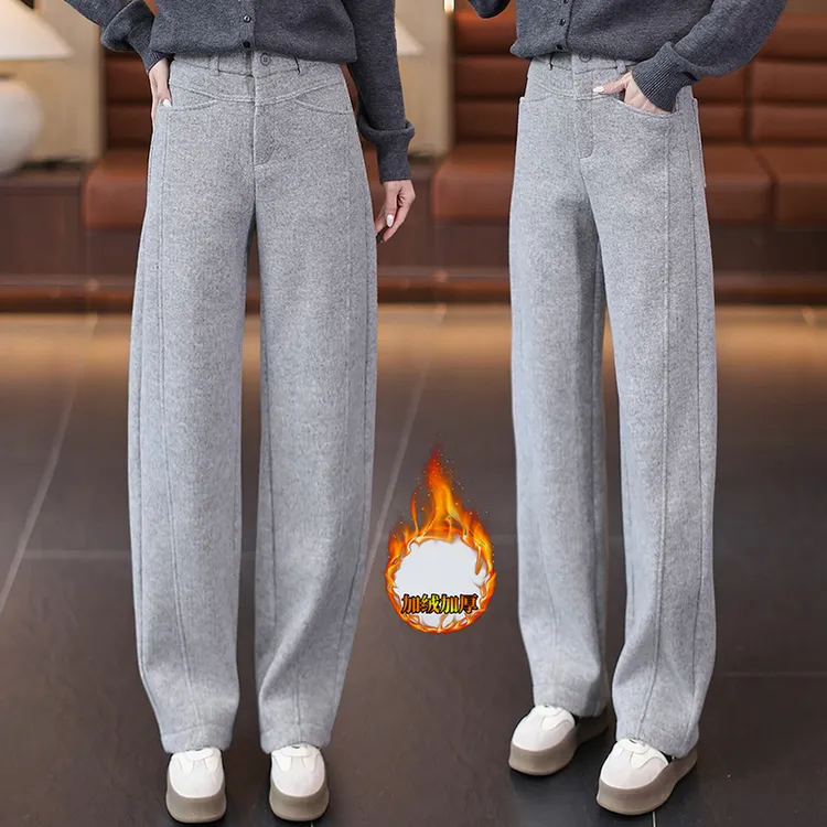 雅鹿羊毛呢加绒弯刀裤女秋冬2025新款潮流高腰保暖软糯直筒香蕉裤