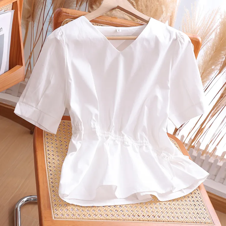 菁苑衬衫女士2025收腰新款夏季泡泡上衣设计感小众短袖白色衬衣