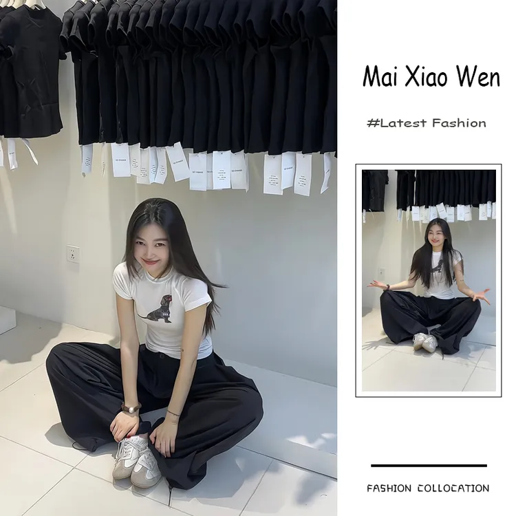 夏季流行穿搭一整套女新款2025韩系休闲印花上衣抽绳阔腿裤两件套