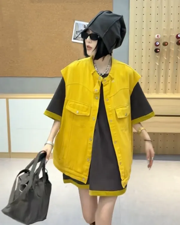 奇奇家时尚韩版大码女装2025秋季新款帅气时尚中长款牛仔马夹外套