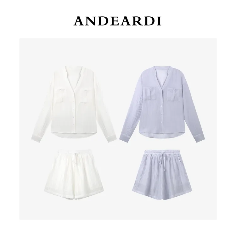 ANDEARDI轻薄肌理感衬衫短裤两件套女2025夏季新款松弛感穿搭套装