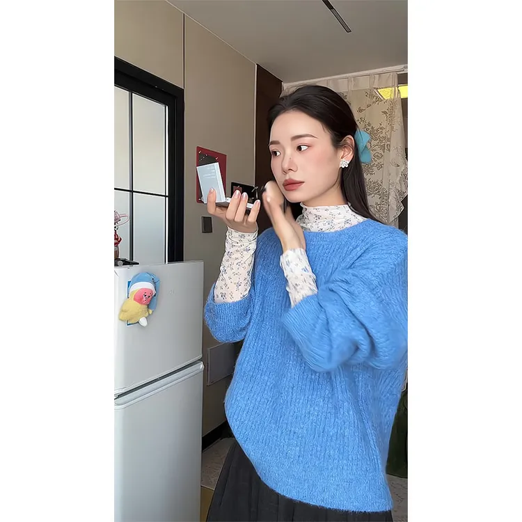 韩系毛毛蓬松船领斜肩毛衣女秋冬宽松套头外穿毛织上衣百搭半身裙