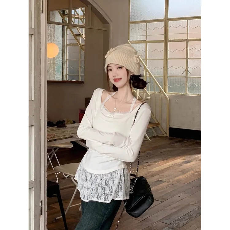 纯欲辣妹小众设计感显瘦镂空白色法式性感长袖上衣内搭蕾丝衫女秋