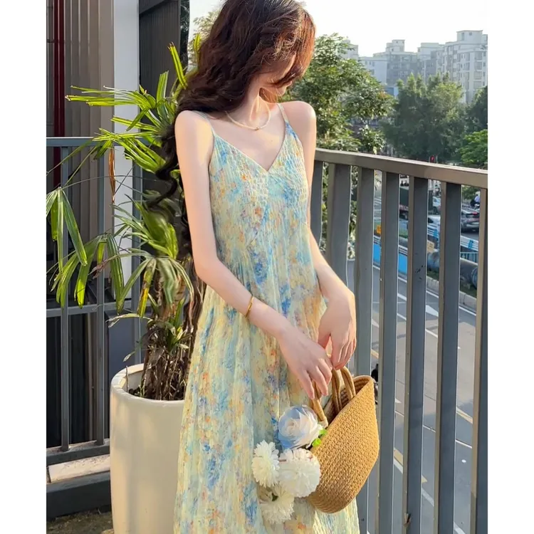 【有口袋】蓝色雏菊夏季法式长裙女显瘦设计收腰碎花吊带连衣裙1509