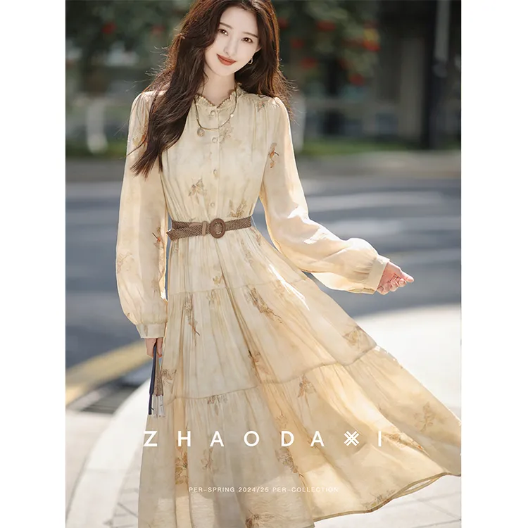 轻奢家天仙裙时尚木耳边抽褶蛋糕裙2025春新款气质连衣裙女气质