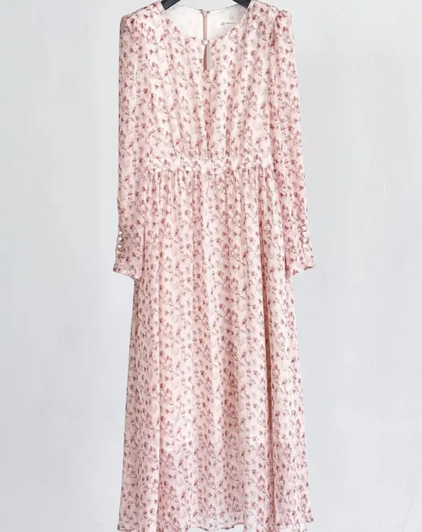 韩国新款碎花长袖系带收腰显瘦气质通勤法式连衣裙