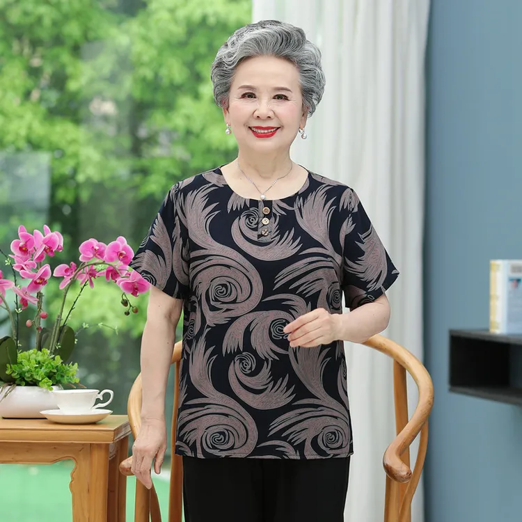 老太太夏装棉绸短袖t恤老年人圆领套头T恤上衣服夏季奶奶装人造棉