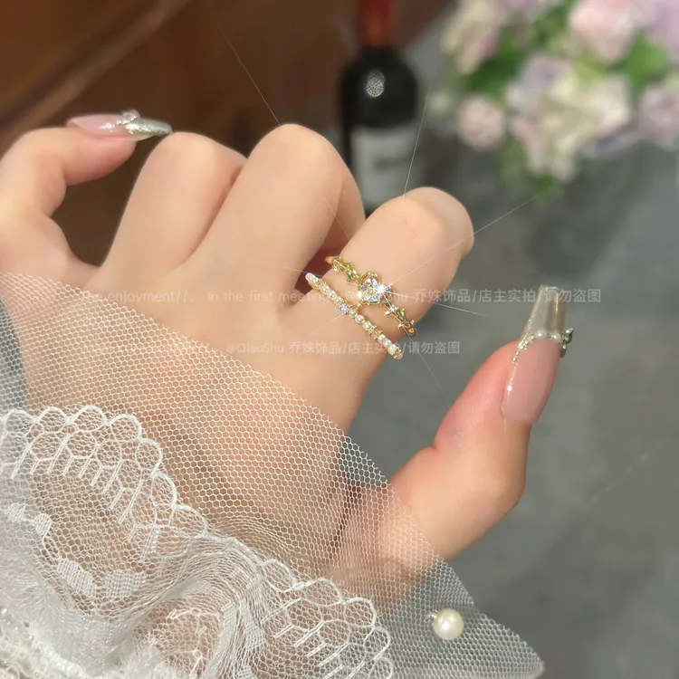 铜合金合成锆石戒指 C434 时尚精致爱心珠珠双层开口戒指小众简约