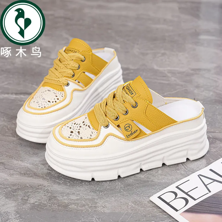 【正品】啄木鸟啄木鸟鞋子女2025新款厚底内增高包头拖鞋夏季镂空