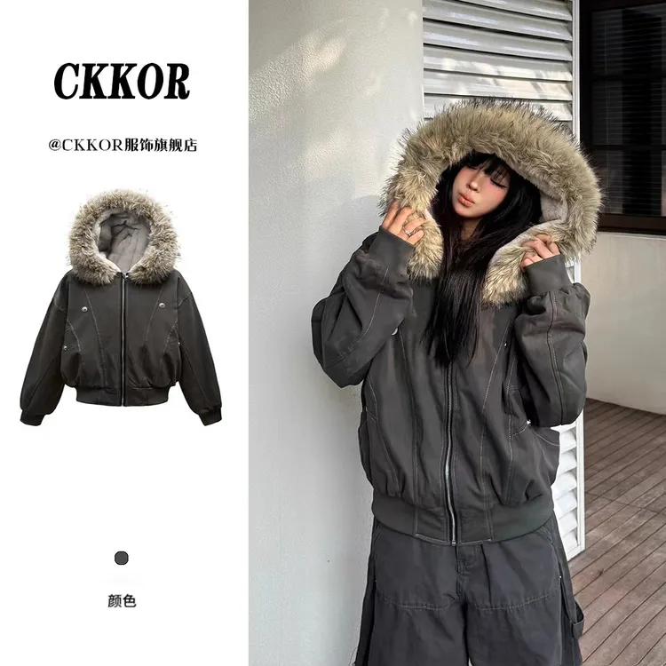 CKKOR秋冬新款加绒毛领开衫连帽卫衣小众高级感时尚洋气百搭女装