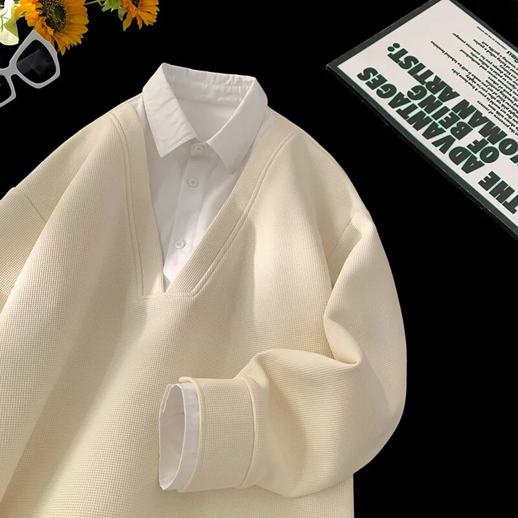 假两件衬衫领卫衣男春季潮流痞帅重磅上衣美式潮牌宽松青少年外套