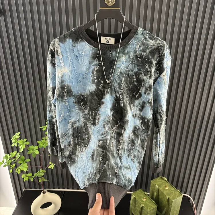 秋季新款男士扎染长袖卫衣满天星流星云男款上衣圆领破洞宽松男装