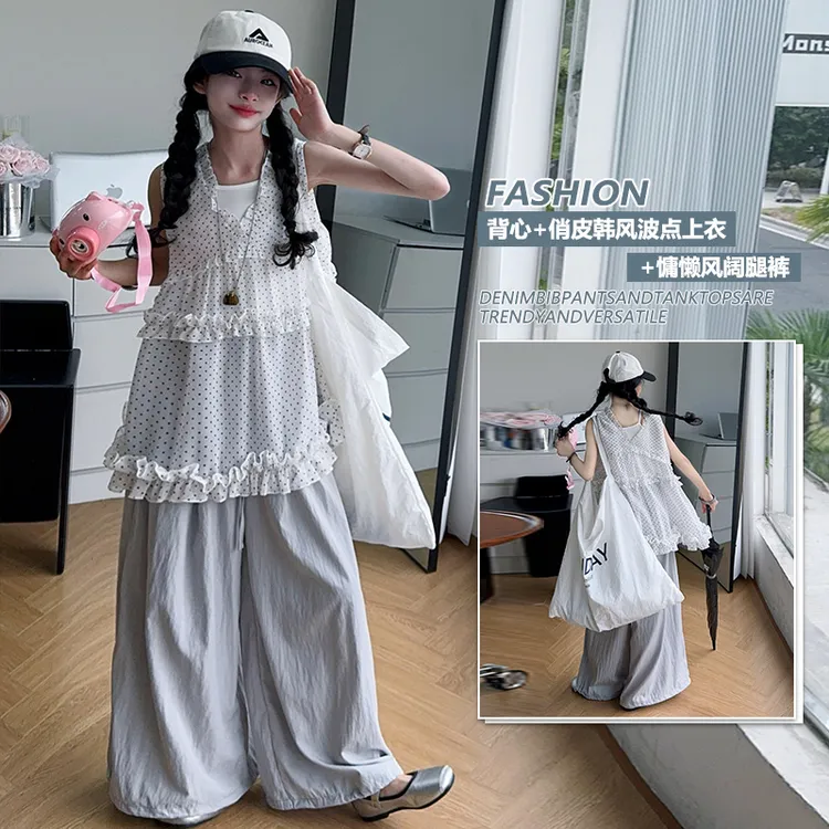 女童夏季穿搭波点木耳边无袖衬衫背心慵懒高腰休闲宽松阔腿裤套装