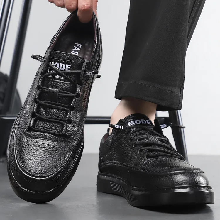 百搭头层牛皮系带板鞋休闲男鞋子软底青中年春秋新款小白皮鞋男士
