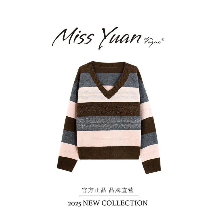 M.Y媛总 【星钻流影】冬季新款镶钻长袖时尚V领百搭毛针织衫MY2915D