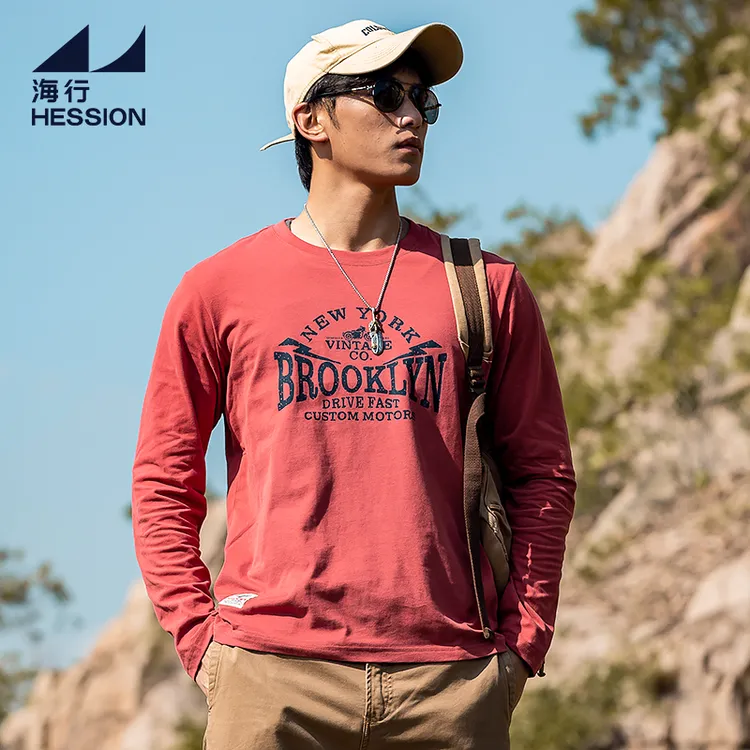 海行红色户外字母印花纯棉圆领长袖t恤男美式复古宽松休闲打底衫