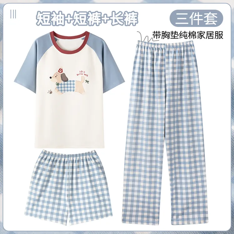 卡之恋夏季福音棉睡衣三件套装彩色腊肠狗减龄家居服