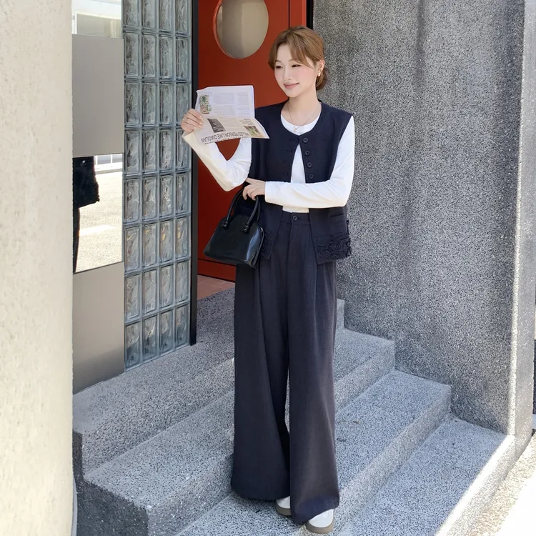休闲花边马甲阔腿裤套装女春秋ootd穿搭两件套爆款大方得体巨好看
