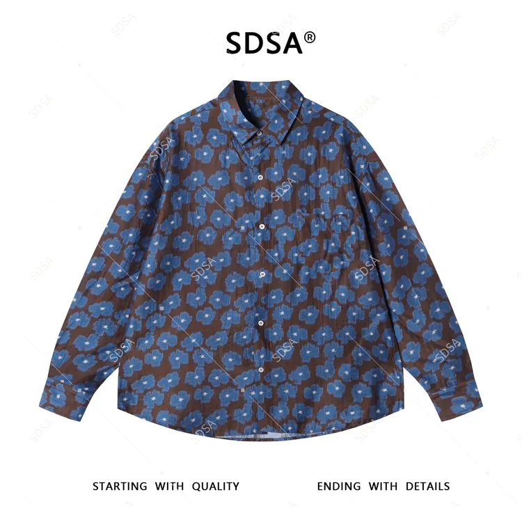 SDSA秋季新款男士痞帅韩版撞色满印花卉长袖衬衫时尚休闲复古上衣