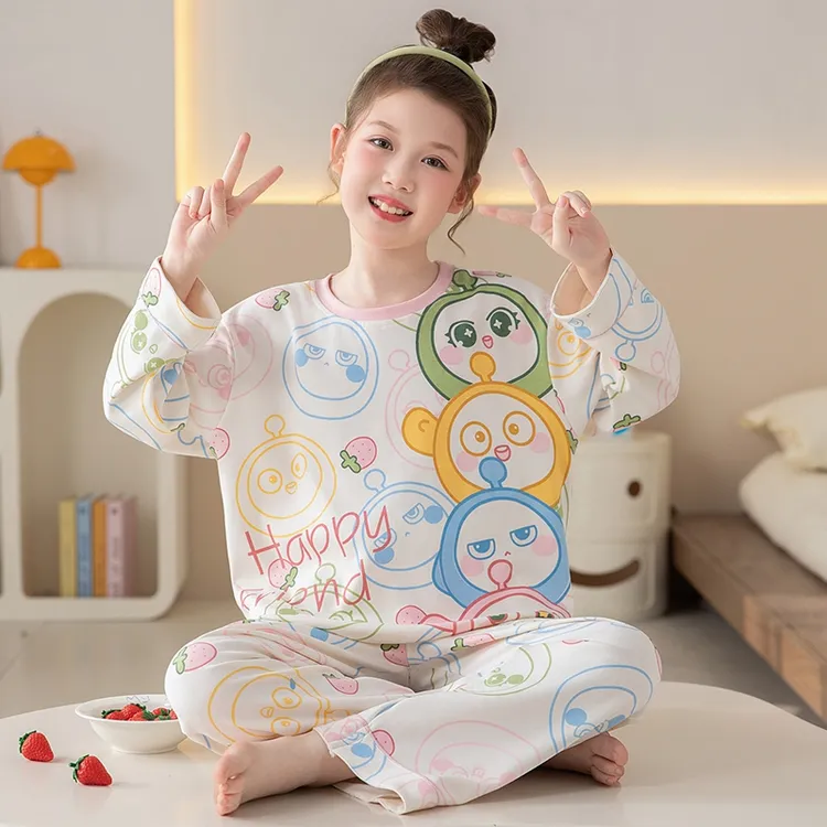 女童家居服儿童睡衣6-15岁中大童春秋季100%纯棉长袖圆领秋冬薄款