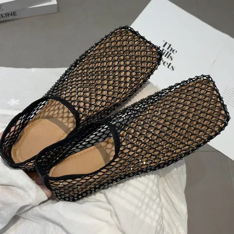 套脚镂空高跟编织方头浅口单鞋夏季软底豆豆鞋女士时尚布鞋透气