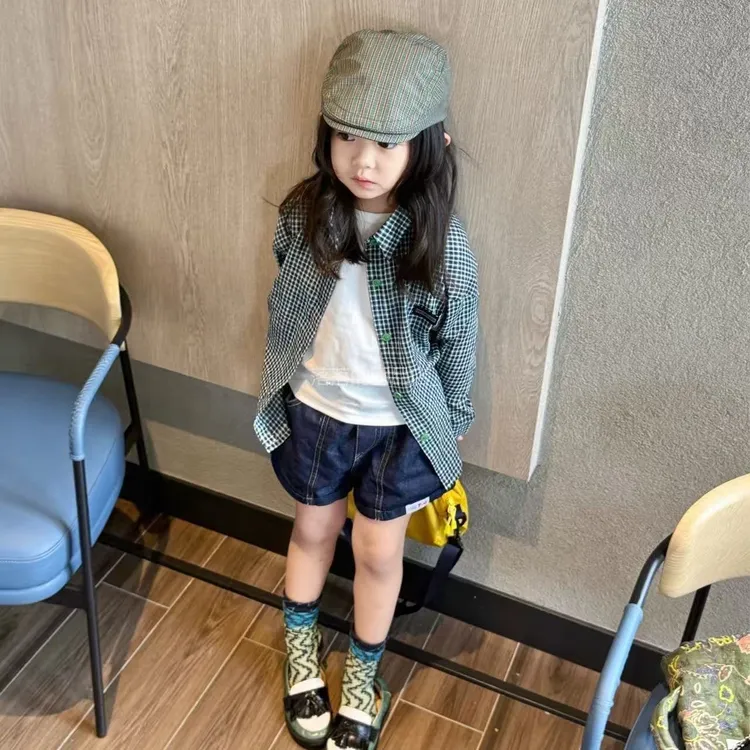 壹妈韩版童装女童套装秋装洋气儿童时髦格子衬衫上衣蓝色牛仔短裤