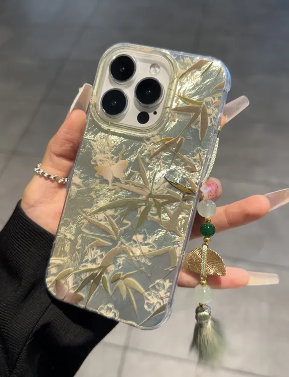 新中式古风绿竹蝴蝶适用苹果17Promax手机壳16冰川纹14创意13防摔