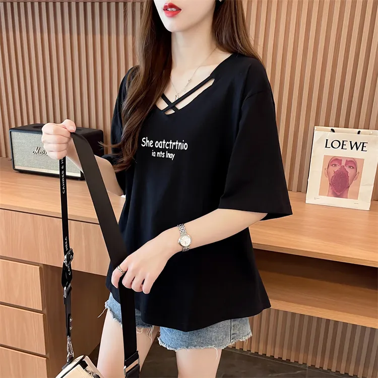 2025夏季新款纯棉短袖t恤女夏大码宽松设计感小众短款小个子上衣