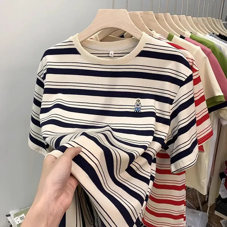 2025夏季新款韩系圆领宽松休闲撞色条纹短袖t恤女士减龄刺绣上衣