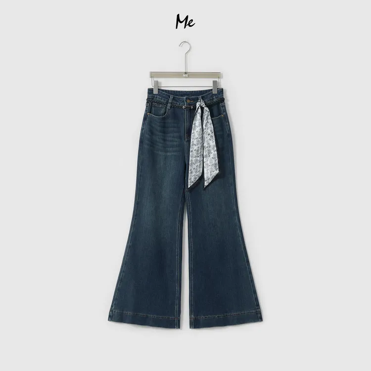 ME【大喇叭 （含腰带+丝巾）】高弹高腰显瘦重工水洗牛仔裤MESA0134