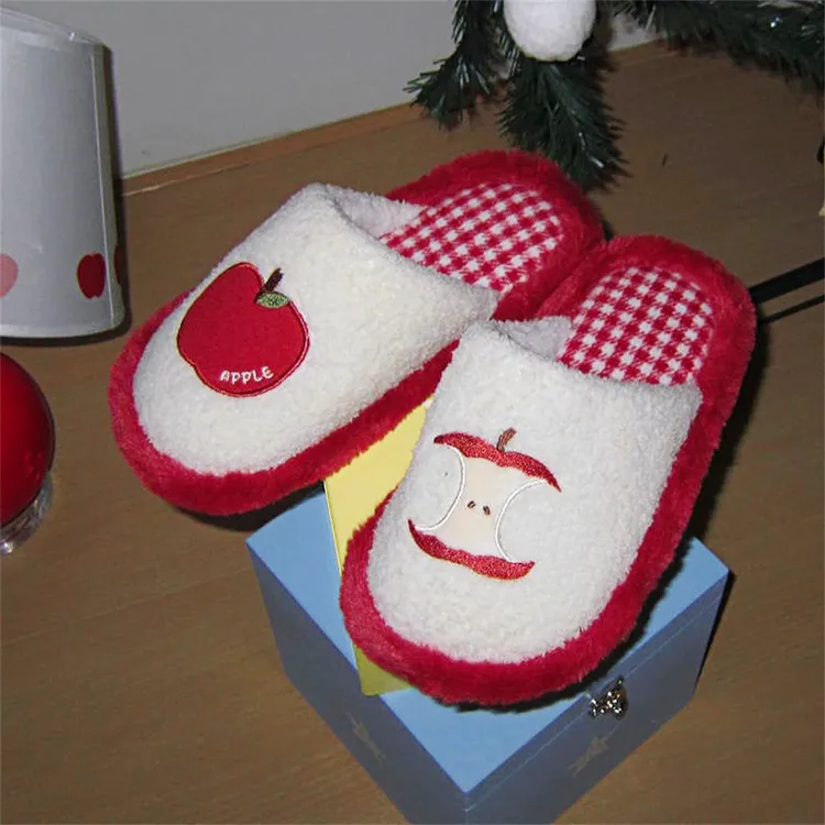 细细条 冬季趣味红苹果一字毛毛鞋棉拖鞋ins软底防滑居家月子鞋女