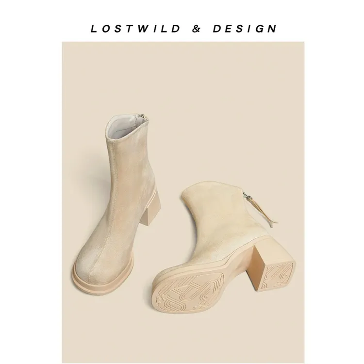 LOSTWILD2025新款冬短靴女可拆卸两穿长筒靴厚底粗跟小个子瘦瘦靴