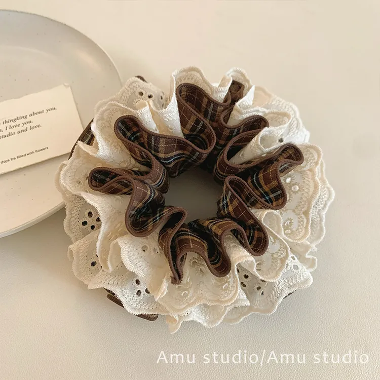 韩系咖啡色格纹蕾丝四层大肠发圈女气质扎头发丸子头发绳头绳发饰