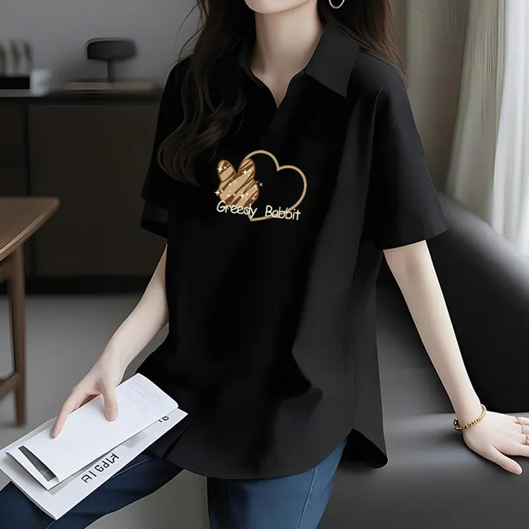 短袖polo衫女款宽松遮肉大码显瘦百搭夏季薄款黑色女士t恤上衣棉