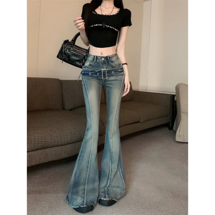 春夏新款腰带设计感高腰修身显瘦辣妹微喇叭长裤牛仔裤