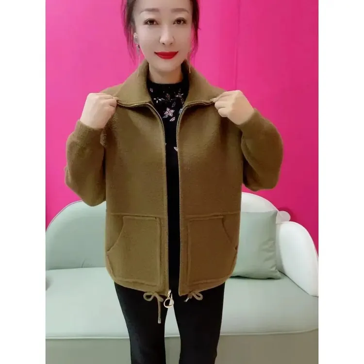 P秋季新款短款休闲纯色百搭下摆抽绳拉链两用立领针织开衫女外套