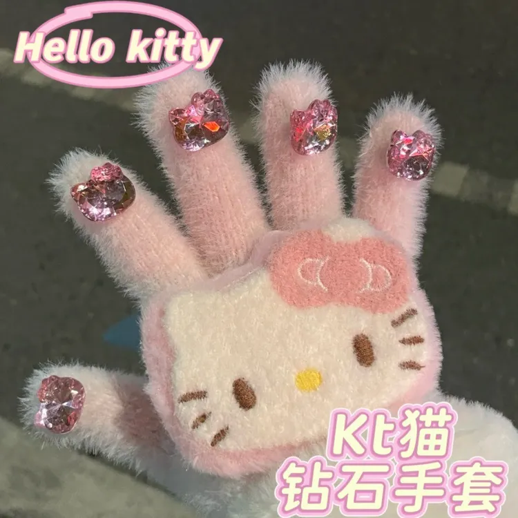 【宝贝】kt猫钻石毛线手套保暖冬防冻HelloKitty女防寒学生骑行骑车
