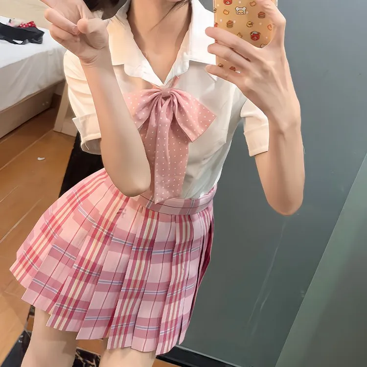 川町香原创jk收腰衬衫长短袖女夏格裙显身材制服弹力衬衣格裙搭配