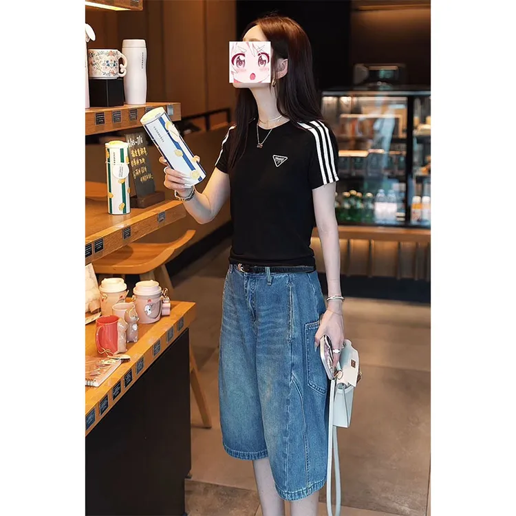 小个子美式显瘦个性穿搭正肩三条杠短袖T恤百搭牛仔中裤夏季套装