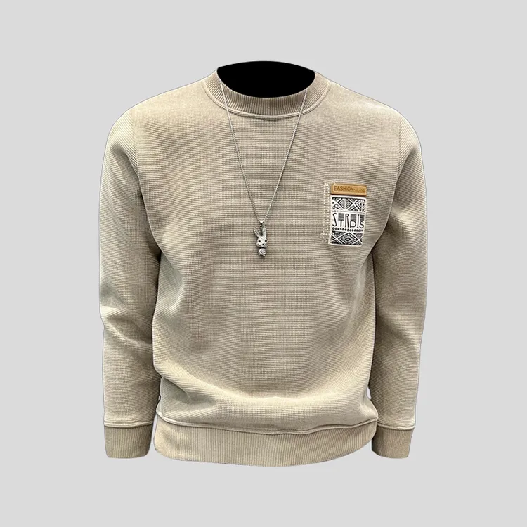 ohmmayby华夫格加厚圆领卫衣男秋冬重磅保暖T恤时尚休闲打底潮牌