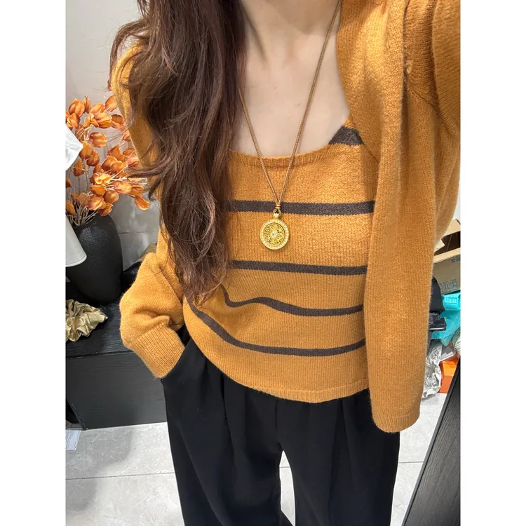 NS「经典碰撞」ins新款拼接条纹背心+开衫毛衣外套毛针织衫两件套