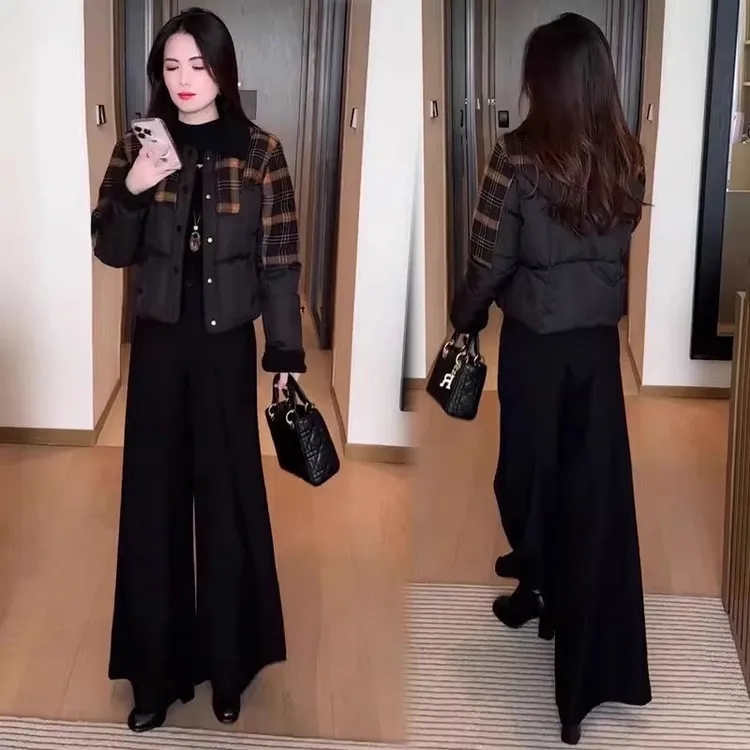 时尚加绒加厚套装女2025秋冬新款洋气格子保暖时尚棉衣外套0156