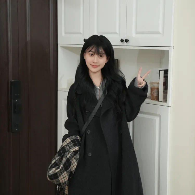 伊迪卡宽松气质百搭时尚中长款大衣女士秋冬款小个子双面毛呢大衣