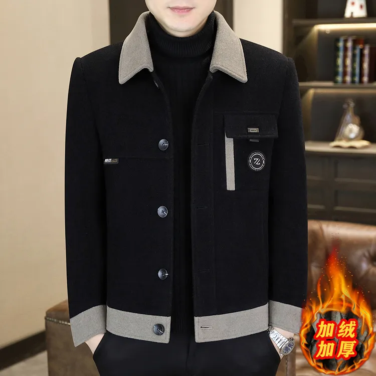 男士秋冬新款翻领毛呢大衣加绒加厚休闲拼接外套潮流帅气呢子夹克