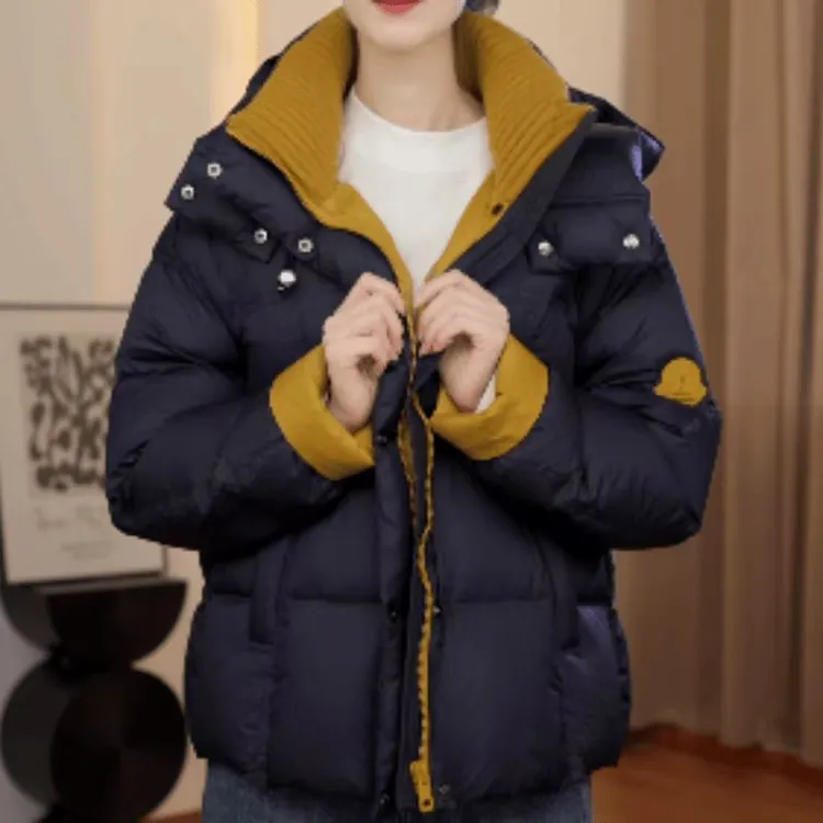 2025年新款冬季时尚潮流简约风藏青蓝色保暖棉服女宽松百搭短外套