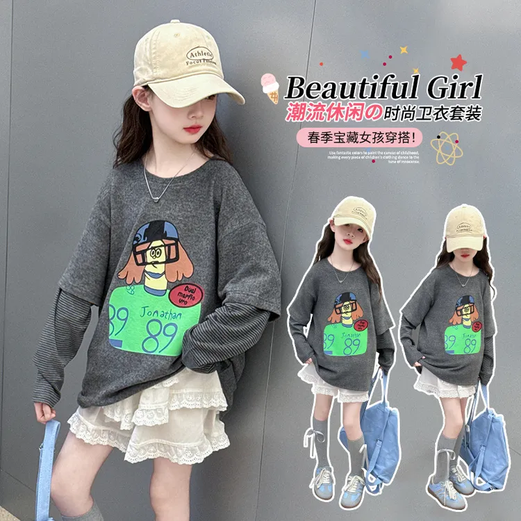 女童春季潮流韩版假两件印花卫衣套装女孩春秋季叠穿蕾丝裙裤洋气