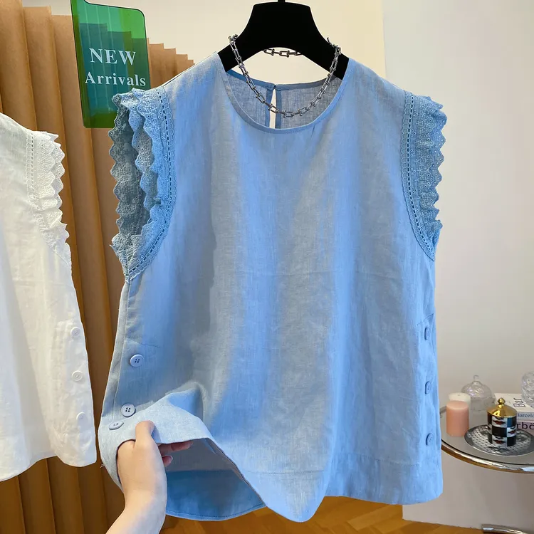 胖妹妹240斤大码蕾丝拼接无袖上衣女夏季宽松洋气蓝色飞飞袖小衫