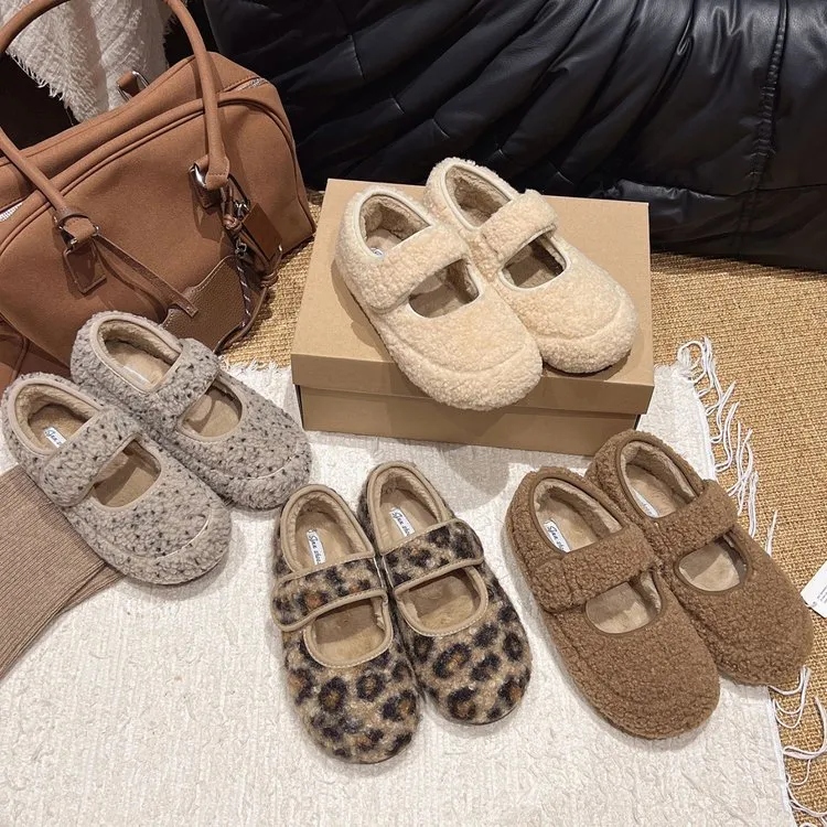 复古港风可爱风玛丽珍鞋魔术贴棉鞋秋冬朋克风一脚蹬毛毛单鞋