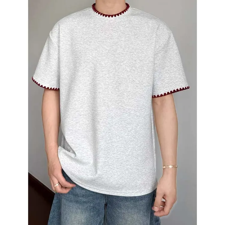 320g重磅太空棉刺绣t恤男款夏季潮牌贝壳绣花boxy版型小领口短袖