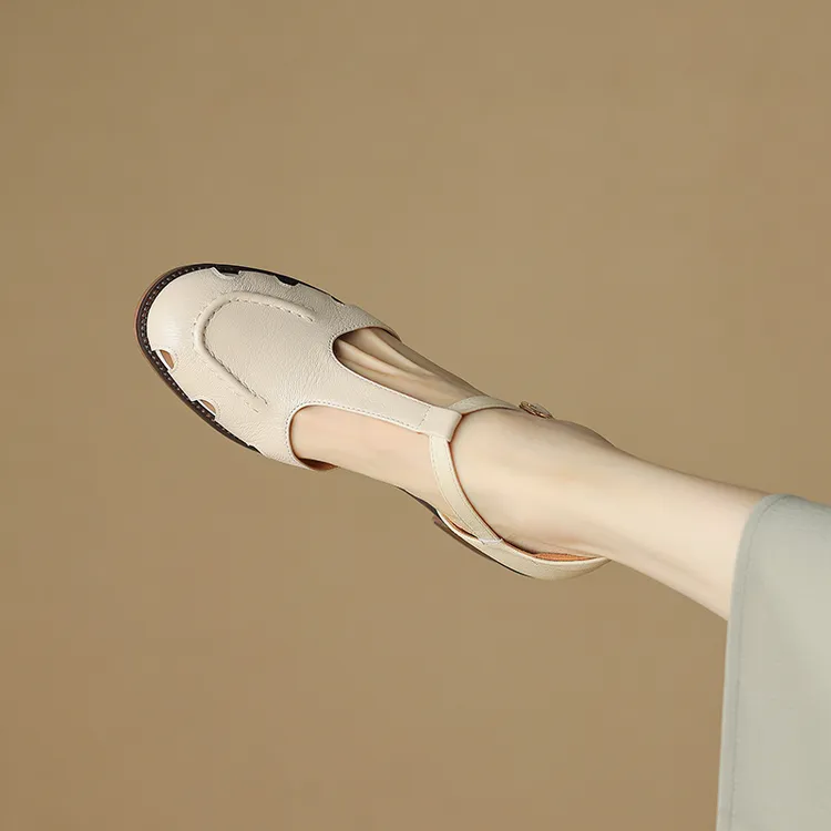 断码清仓羊皮包头罗马凉鞋女2025夏季新款粗跟丁字带百搭镂空女鞋